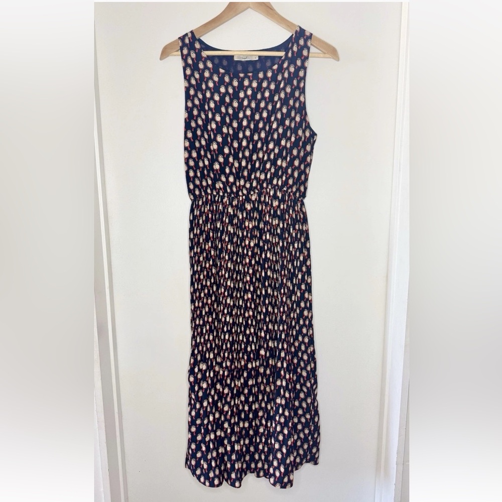 Anthropologie Hazel Women’s Silky Owl Print Pleated Maxi dress LARGE 8 10